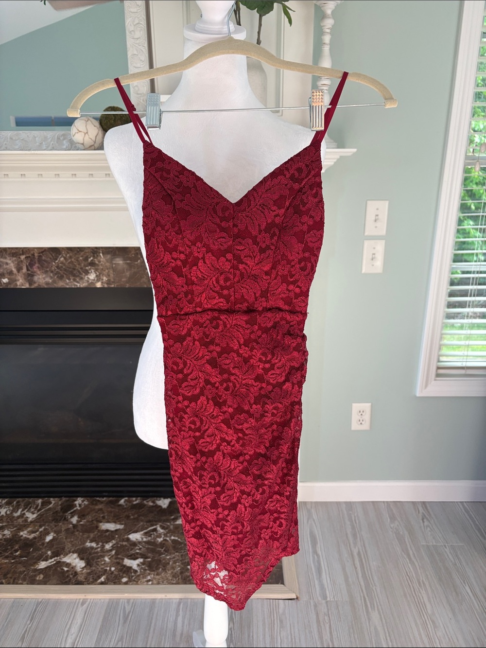 Emerald Sundae Burgundy Lace Spaghetti Strap Mini Dress